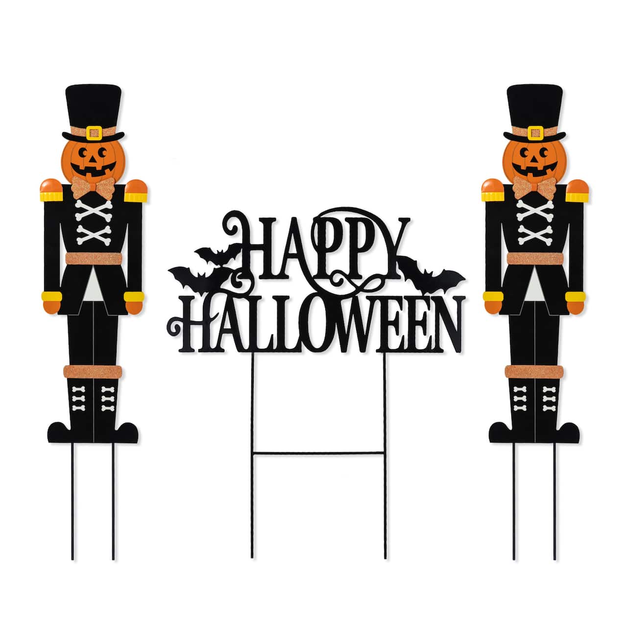 Glitzhome® 32"H Halloween Metal Nutcracker and HAPPY HALLOWEEN Yard Stake Set